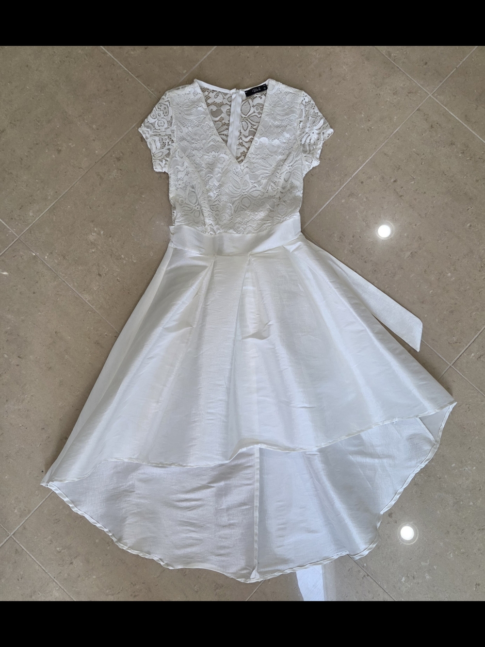 Blue S White Lace Midi Dress with Floral Lace Overlay